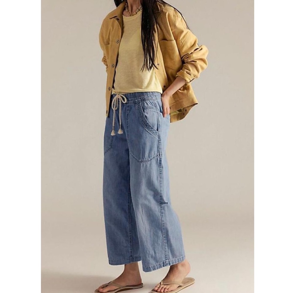 Yoeasy Wide Leg Denim Pants Elastic Waist Drawstring Womens Large Light Blue New